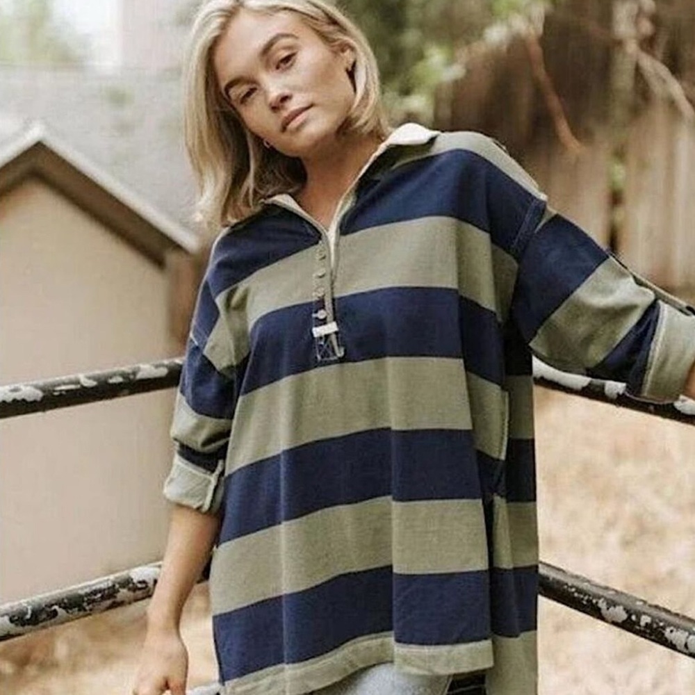 We The Free Navy and Olive Striped Rugby Pullover